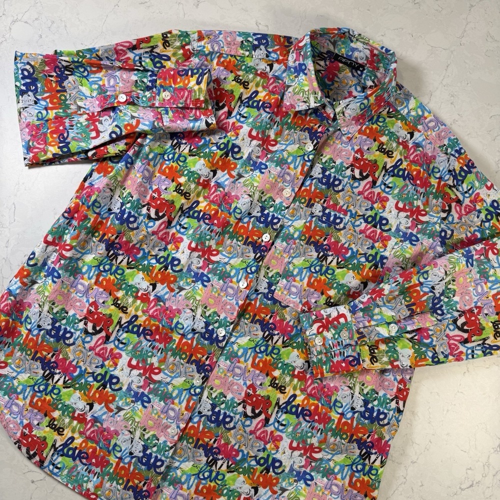 APNY Grafitti Love Print Boyfriend Fit Button Up Shirt Cotton Streetwear Multi M